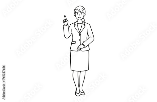 右を指差して説明するビジネスウーマン（全身・モノクロ線画）