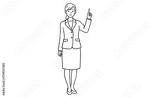 左を指差して説明するビジネスウーマン（全身・モノクロ線画）