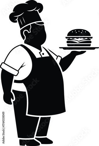 fat chef carrying a plate of burgers Vector illustration silhouette 