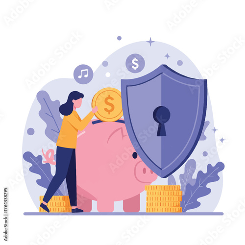 A flat vector illustration shows a female investor securing her savings by dropping a coin into a protected piggy bank guarded by a giant digital security shield on a white background.