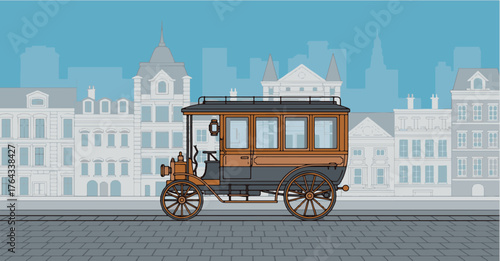 Vintage Horse-Drawn Bus Illustration With Detailed Architectural Background