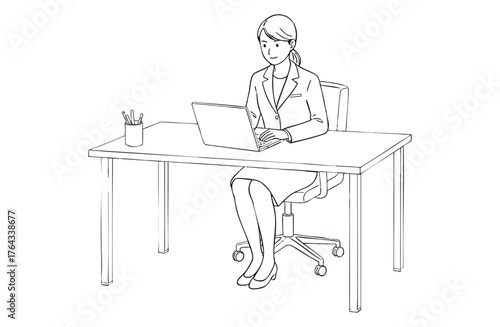 パソコン操作するビジネスウーマン（全身・モノクロ線画）