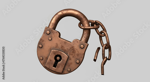 An old, rusty copper padlock with a broken chain link, symbolizing a breach in security, isolated on a plain grey background.