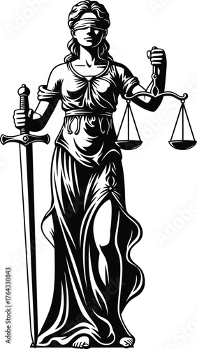 lady justice with sword vector black and white 