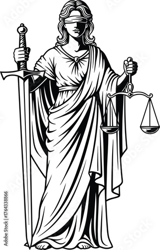 lady justice with sword vector black and white 