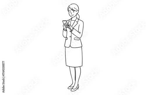 スマートフォンを操作するビジネスウーマン（全身・モノクロ線画）