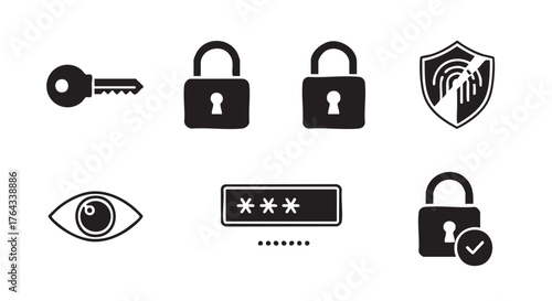 Key Lock Eye and Notification Bell Icons on White Background