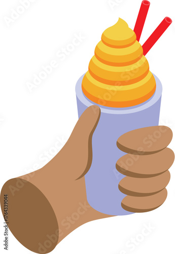 Hand holding a paper cup containing mango or pineapple milkshake topped with whipped cream and two red straws