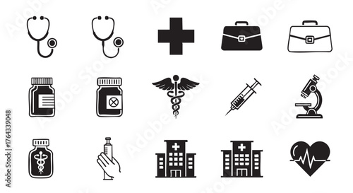 Medical healthcare symbols depicting stethoscope pills and vaccine injection illustrations
