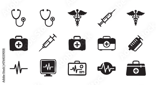 Medical icons in black color representing medical services and healthcare
