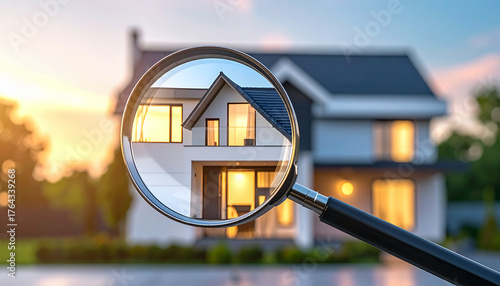 Magnifying Glass on Modern House Detailed Home Inspection and Real Estate Analysis Revealing Architectural Features and Property Assessment in Residential Area