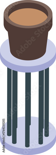 Brown flowerpot with soil standing on a tall metal flower stand, isometric view