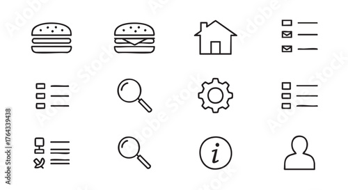 Outline icons illustrating food search and selection app interface options