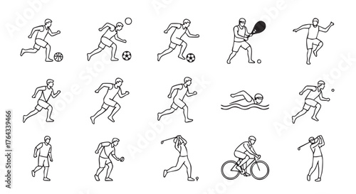 Outline illustrations of athletes playing basketball soccer and running sports