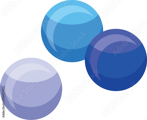 Three glossy spheres in shades of blue and purple create a harmonious composition