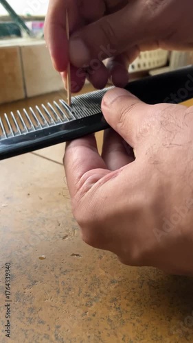 Cleaning off the comb. Dirty comb cleaning process. Manual cleaning.  