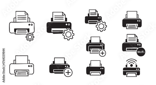 Printer icons set black and white printing technology symbols collection