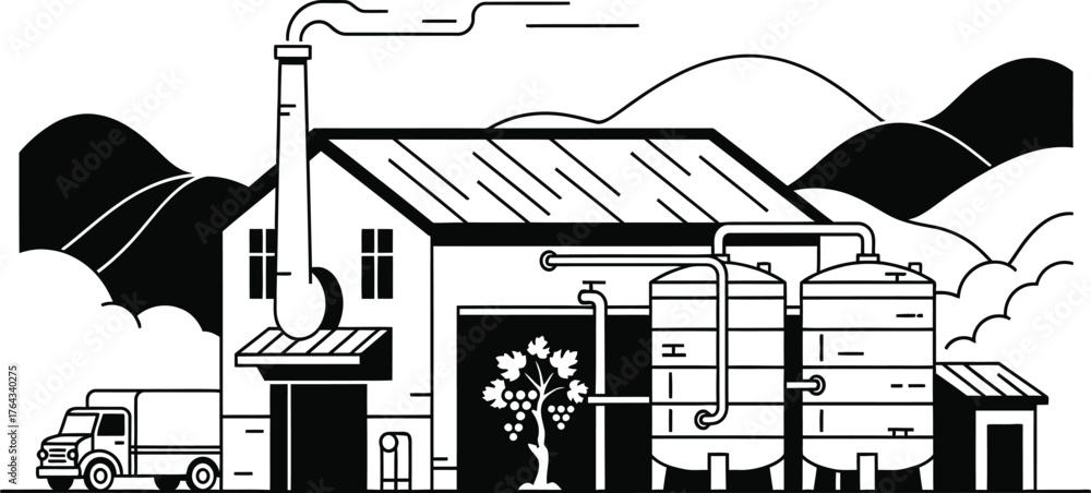 Naklejka premium wine distillery vector flat black and white 