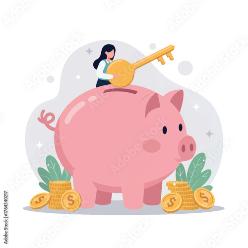 Financial security vector illustration: A successful woman places a large key into a gigantic piggy bank resting on a pile of gold coins, representing personal savings and long-term investment.