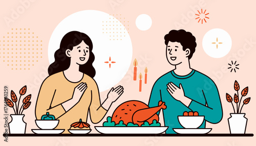 Couple celebrating meal at table with turkey and dishes over Thanksgiving feast at home