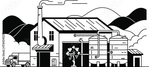 wine distillery vector flat black and white 