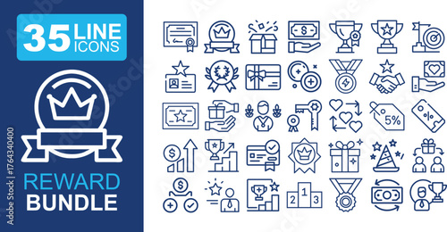Reward Set of Web Icons in Line Style. Collection of 35 linear icons representing various reward concepts, including gift, trophy, recognition, reward program, medal, bonus, achievement, and more. Edi