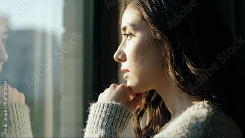 A sad young woman looking out a window with a pensive expression. Thoughtful person at home contemplating life. Loneliness and introspection concept