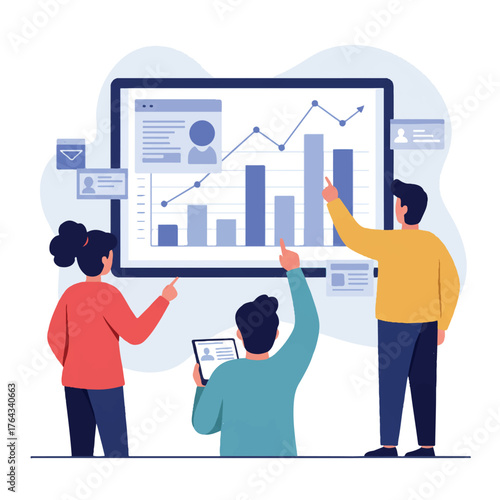 Professional 2D flat vector illustration depicting diverse business colleagues collaborating and pointing at key financial metrics displayed on a large digital screen during a strategy meeting.