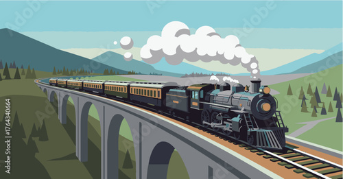 Vintage Train Crossing a Stone Bridge Amidst Scenic Mountains and Lush Greenery