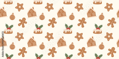 Hand drawn seamless Christmas pattern with gingerbread cookies and holly. Vector christmas ilustration