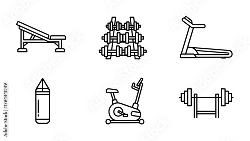 Gym Equipment in Icon Style: Minimalist icons showcase various fitness essentials, including a weight bench, dumbbells, treadmill, punching bag, exercise bike, and barbell.