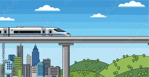 Modern high-speed train speeding across a city skyline and green hills under a blue sky with clouds