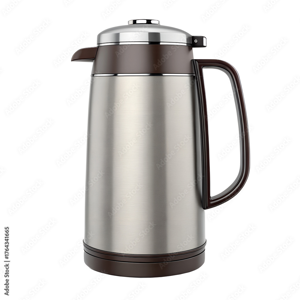 Fototapeta premium Stainless steel thermal carafe with handle and spout, insulated vacuum flask for hot drinks.