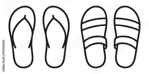 Flip-Flops vs Slide Sandals. Minimalist Line Art of Casual Footwear Styles.