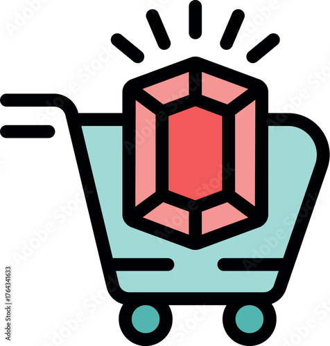 Shopping cart is carrying a brilliant red gemstone, representing the purchase of precious stones online