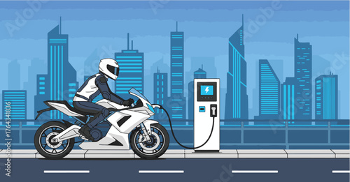 Electric Motorcycle Charging Station in Cityscape Vector Illustration