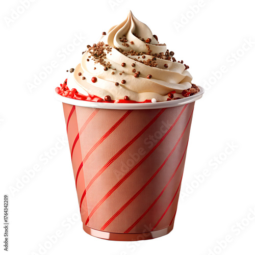 Festive paper cup dessert with whipped cream, chocolate sprinkles, and red decorations.