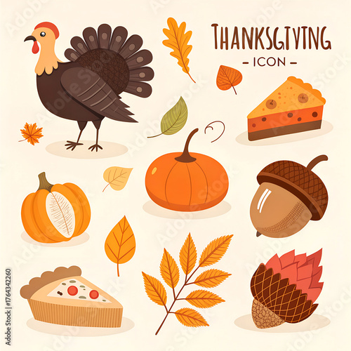 Thanksgiving icons set with turkey, pumpkin, pie, acorn, and autumn leaves, festive illustration.