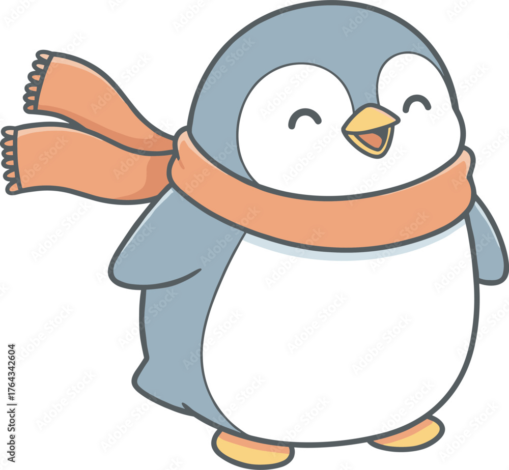 Fototapeta premium A cheerful cartoon penguin with a light blue body and an orange scarf, smiling happily.