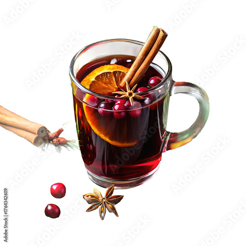 Glass mug of mulled wine with orange slice, cranberries, cinnamon sticks, and star anise.