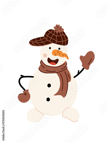 Cute cheerful snowman in a warm brown scarf and a checkered hat with a pompom. Illustration of happy winter character isolated on white background