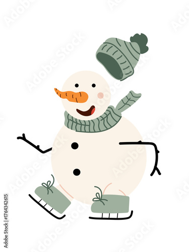 A cheerful snowman with a carrot nose, smiling face, wearing a green striped scarf and skates. Flat  illustration of Winter character