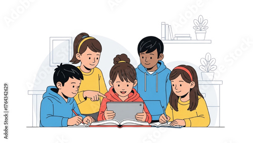 Young students collaborating on a digital tablet for e-learning in a classroom