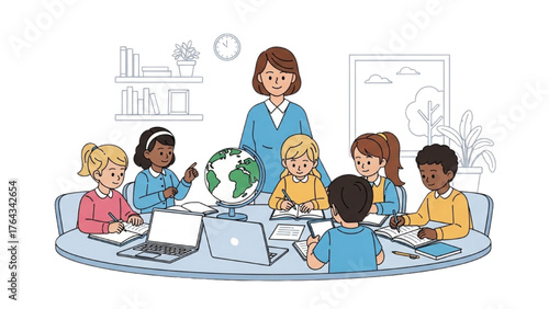 Teacher with diverse children learning about geography using laptops in class