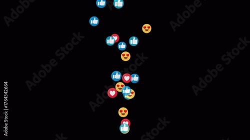 Social media like, love, and heart-eye emojis floating upward on black background. Colorful icons moving from bottom to top with transparent alpha channel, 4K animation.