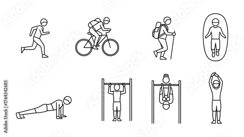 Fitness & Recreation Icons: A collection of simple, black and white illustrations showcasing a range of fitness activities, perfect for conveying health, exercise, and active lifestyles.