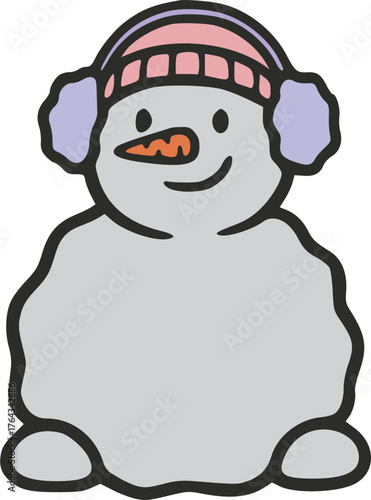 Cartoon snowman with pink hat and ear muffs and a carrot nose.