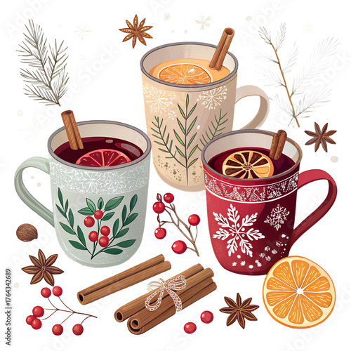 Winter mugs with mulled wine, spices, citrus slices, and festive decor, cozy holiday illustration.