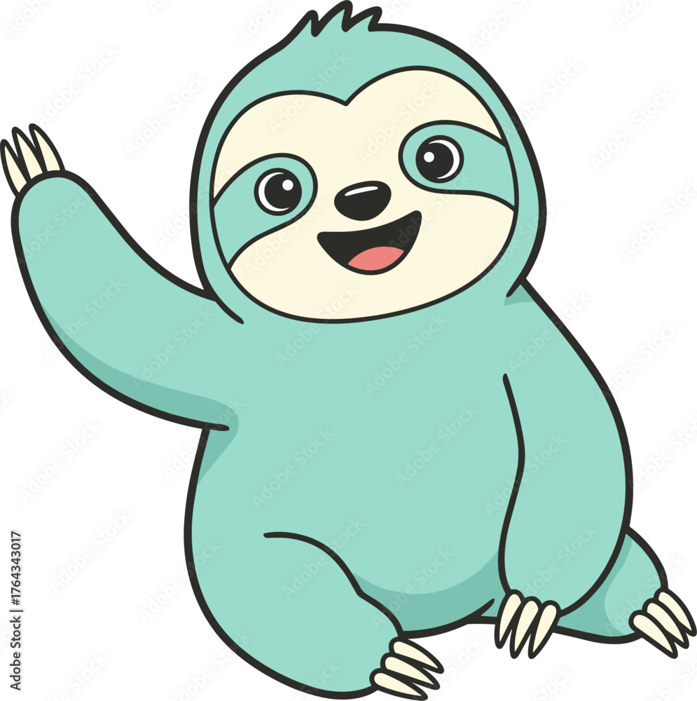 Obraz premium A cute and friendly cartoon sloth, colored in a soft teal, sitting down and waving its hand with a happy expression.