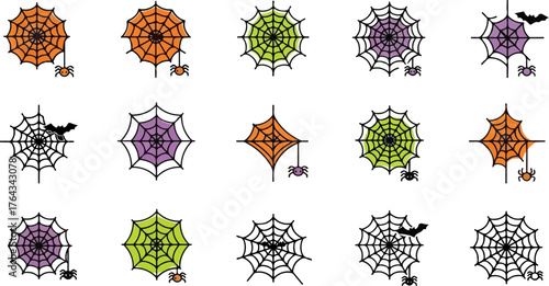 A collection of colorful spider web icons with spiders and bats for Halloween design. Vector graphic set for spooky decorations and illustrations